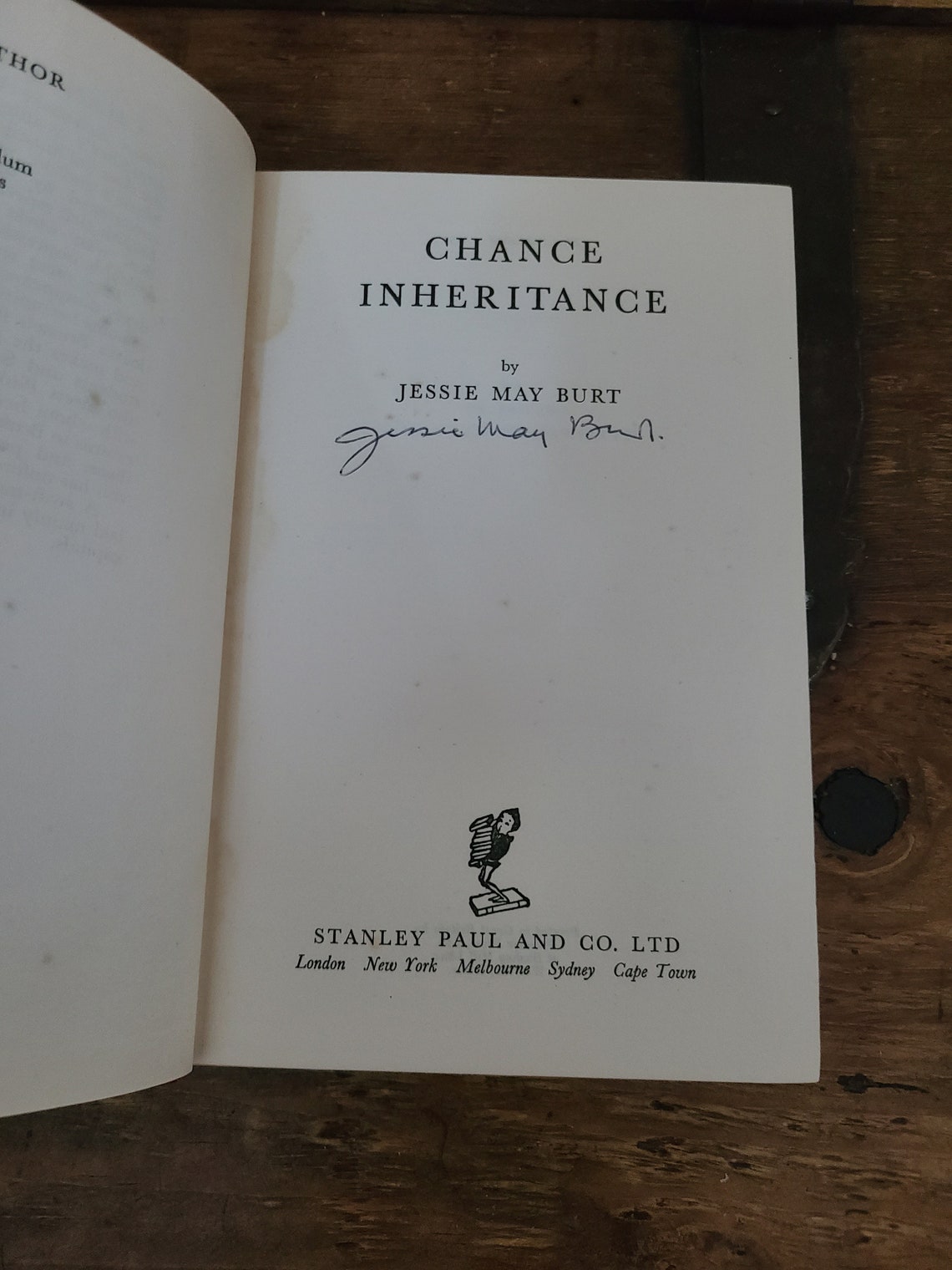 Signed x2. Chance Inheritance. Jessie May Burt. Stanley Paul. First Edition. 1952. Rare., photo 3 of 5