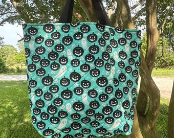 Quilted Teal Ghost and Pumpkin Tote Bag | Handmade Halloween and Fall Carryall | Unique Gift for Her