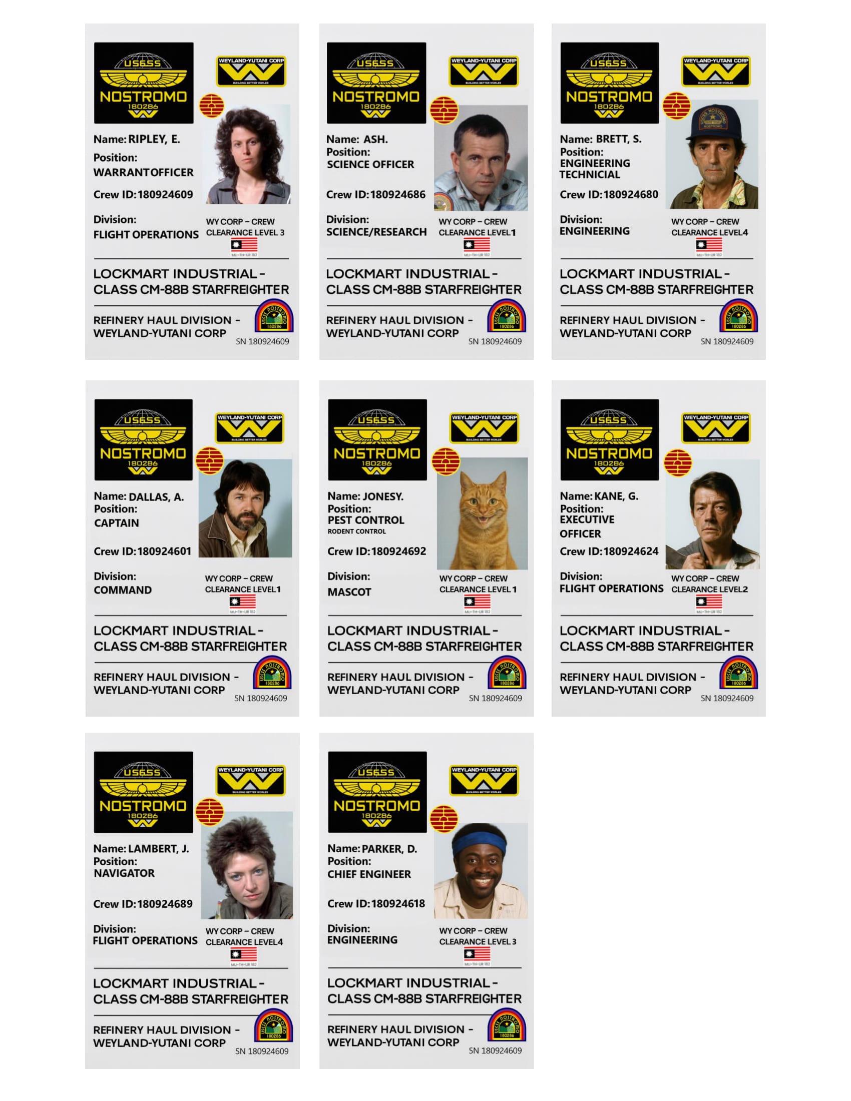 Alien Nostromo Crew ID Cards – PVC Collector Set (physical Cards) - Etsy