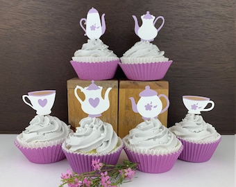 Tea Party Cupcake Toppers 12 count Bridal Baby Wedding Shower Birthday Bachelorette Decor Decorations