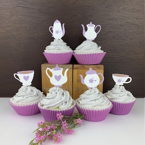 Tea Party Cupcake Toppers 12 count Bridal Baby Wedding Shower Birthday Bachelorette Decor Decorations