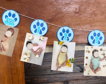 Könnte beinhalten: Ein Baby-Fotobanner mit blauen Pfotenabdruckkreisen und den Wörtern "NEW BORN" und den Zahlen 1-4. Das Banner zeigt Fotos von Babys auf einem Holzgrund.