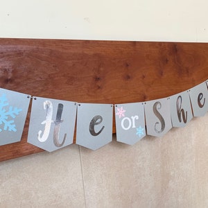 Christmas Holiday Snowflake Winter Wonderland Baby Shower Gender Reveal He or She Banner Garland| Christmas Gender Reveal Decorations