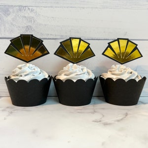 Great Gatsby Roaring 20s Art Deco Gold Black 1920s Happy Birthday Party Decor Decorations Cupcake Toppers