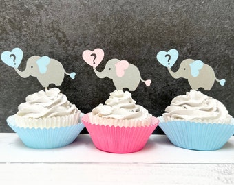 Elephant Valentine Gender Reveal Baby Shower Cupcake Toppers, 12 count | Gender Reveal Party Decorations | Elephant Baby Shower Decorations