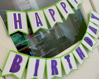Purple Silver Green Space Rocket Spaceman Happy Birthday Party Banner Garland Decor Decorations