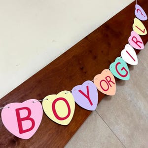 Valentine Candy Heart Gender Reveal Banner Garland | Boy or Girl Gender Reveal Decorations | Pink or Blue Valentine Baby Shower
