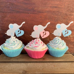 Elephant Gender Reveal Baby Shower Cupcake Toppers, 12 count | Elephant Gender Reveal Party Decorations | Elephant Baby Shower Decorations