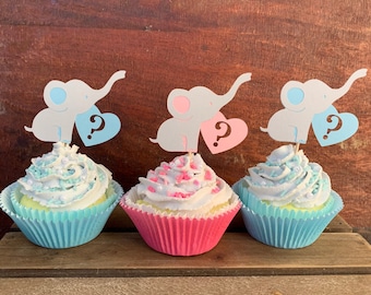 Elephant Gender Reveal Baby Shower Cupcake Toppers, 12 count | Elephant Gender Reveal Party Decorations | Elephant Baby Shower Decorations