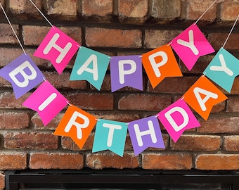 Purple Fuscia Orange Teal Happy Birthday Party Banner Garland Decor Decorations
