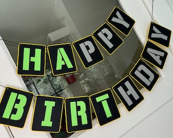 Construction Silver Green Yellow Black Happy Birthday Party Banner Garland Party Decor Decorations