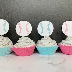 Baseball or Softball Boy or Girl Gender Reveal Party Cupcake Toppers 12 count |Pink vs Blue | Baseball Baby Shower Gender Reveal Decorations
