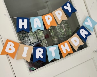 Light Blue Navy Brown Tan Boho Happy Birthday Party Banner Garland Party Decor Decorations