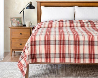 Poyet Motte Tahoe Plaid 450GSM Heavyweight Wool Blend Blanket, Full/Queen Size, Rosewood