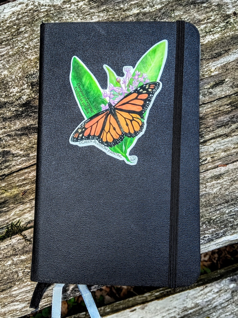 May include: A black leather-bound journal with a sticker of a monarch butterfly on a green leaf with pink flowers. The sticker says "Danaus plexippus Asclepias syriaca" and "Green Blossom Painting".