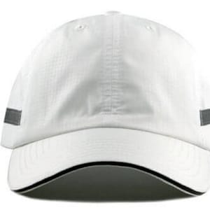 May include: White baseball cap with a black brim and reflective gray accents on the sides.