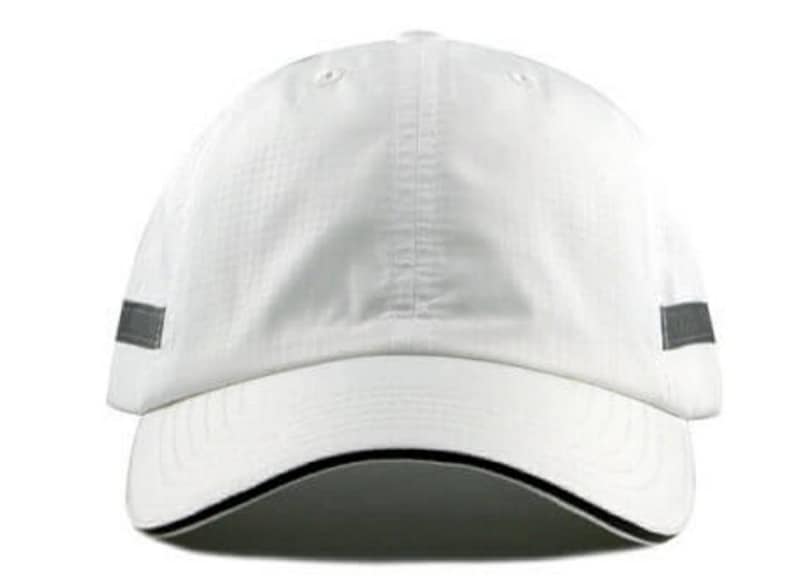 May include: White baseball cap with a black brim and reflective gray accents on the sides.