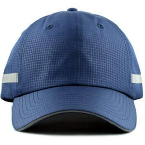 May include: A blue baseball cap with a reflective strip around the brim. The cap has a mesh design and a curved brim.