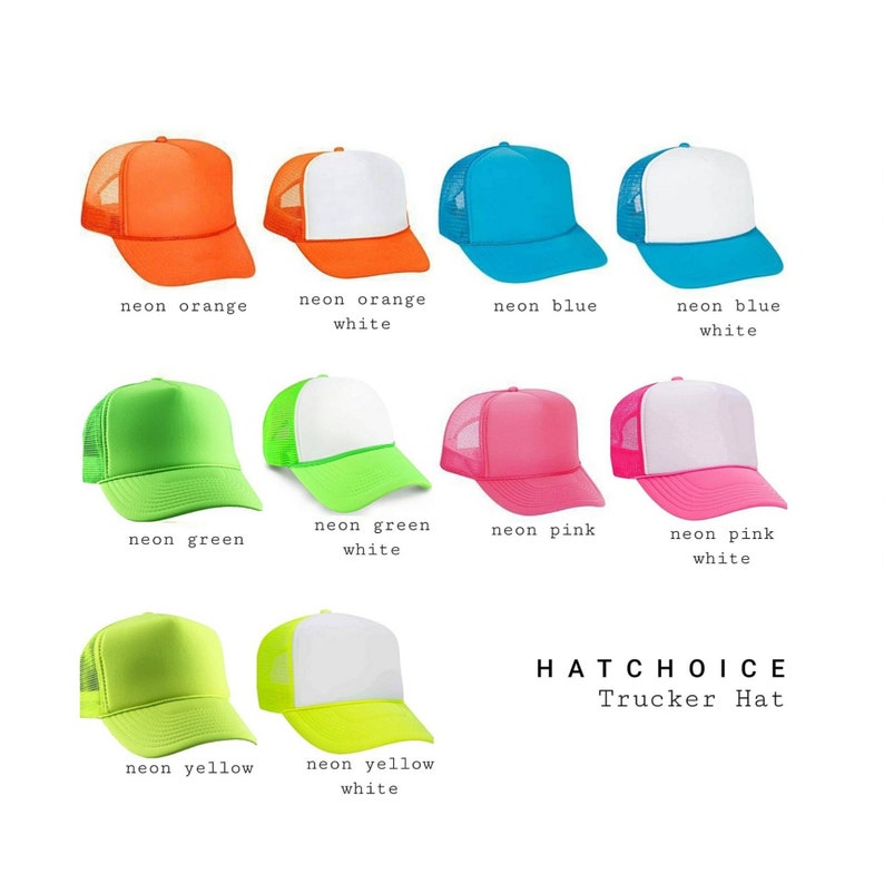 K&ouml;nnte beinhalten: Ein Set aus zehn Trucker-Caps in verschiedenen Neonfarben mit wei&szlig;en Netzr&uuml;cken. Die Caps sind in zwei Reihen zu f&uuml;nf angeordnet. Die Farben sind Neonorange, Neonorange mit wei&szlig;er Vorderseite, Neonblau, Neonblau mit wei&szlig;er Vorderseite, Neongr&uuml;n, Neongr&uuml;n mit wei&szlig;er Vorderseite, Neonpink, Neonpink mit wei&szlig;er Vorderseite, Neongelb und Neongelb mit wei&szlig;er Vorderseite. Der Text "HATCHOICE Trucker Hat" befindet sich am unteren Rand des Bildes.