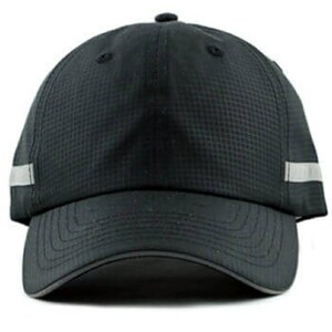 May include: A black baseball cap with a reflective silver stripe on the side. The cap has a curved brim and a mesh back.