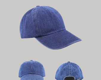 Washed Denim Dad Hat, Distressed Cotton Baseball Cap, Adjustable Minimalist Style, Brass Buckle