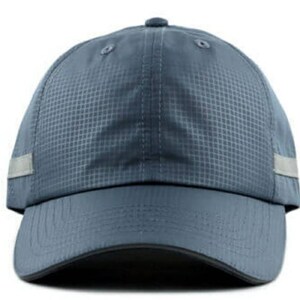 May include: A blue baseball cap with a reflective strip on the side. The cap has a textured fabric and a curved brim.