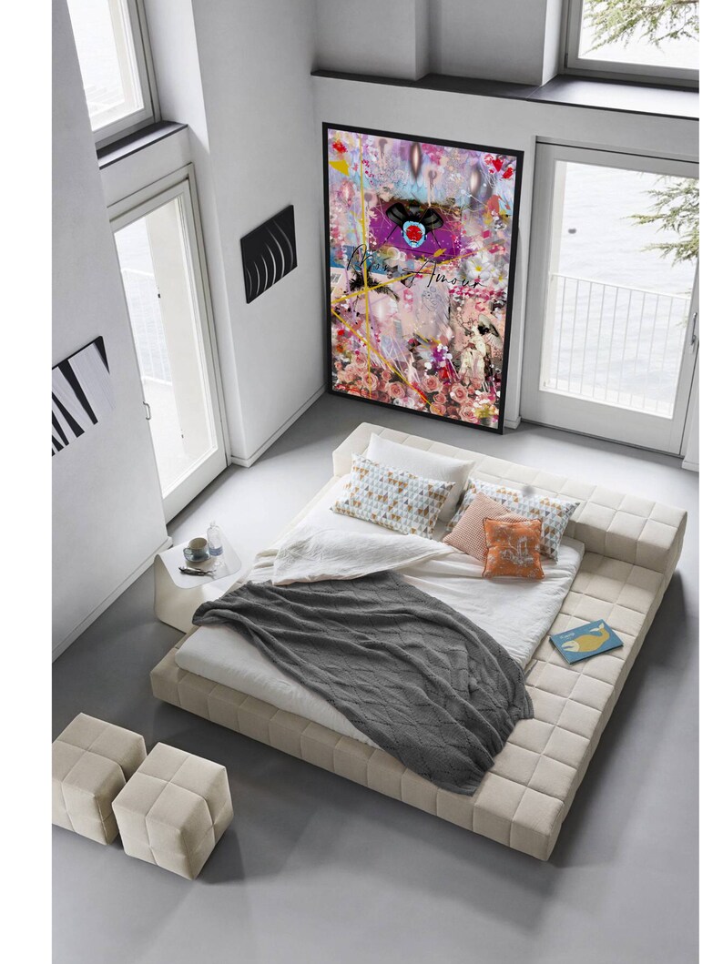 May include: A white platform bed with a gray throw blanket and pillows. The bed is in a modern bedroom with a large abstract painting on the wall.