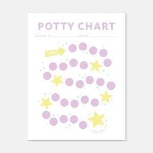 May include: A white potty chart with the words "Potty Chart" in lavender. The chart features a path of lavender circles and yellow stars, with the text "Start" and "You did it!"