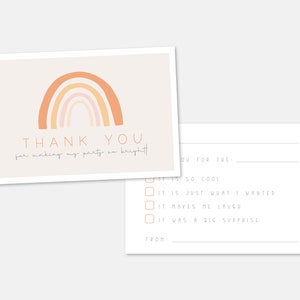Rainbow Birthday Party Tarjeta de agradecimiento, Print Ready Tarjeta de agradecimiento