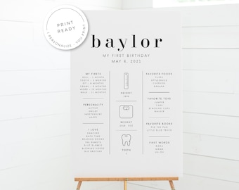First Birthday Milestone Poster: Personalized Baby Stats (Digital File)