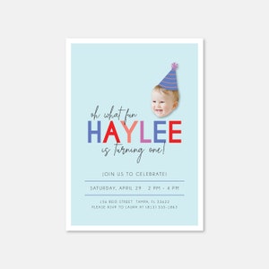 Oh What Fun First Birthday Invitation, Baby Face Invitation, Photo Invitation, Girl Birthday Party Invitation