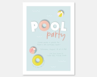 Puede incluir: Una invitación a una fiesta de piscina azul y blanca con el texto "POOL party" en letras blancas y rosas. La invitación incluye los detalles de la fiesta de cumpleaños de Remi por sus 8 años, incluyendo la fecha, la hora y el lugar. La invitación está decorada con imágenes de flotadores de piscina y pelotas de playa.
