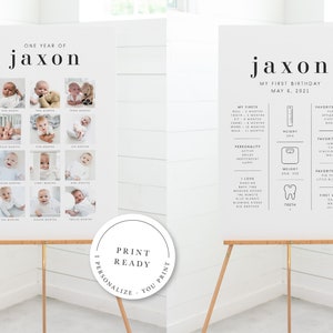 Op de afbeelding: Een wit posterbord met een fotocollage van het eerste jaar van een babyjongen. Het posterbord staat op een houten ezel. Het posterbord bevat ook een lijst met de mijlpalen van de baby, zoals zijn eerste tand, zijn eerste woord en zijn favoriete eten. De tekst op het posterbord luidt "One Year of Jaxon" en "My First Birthday May 8, 2021".