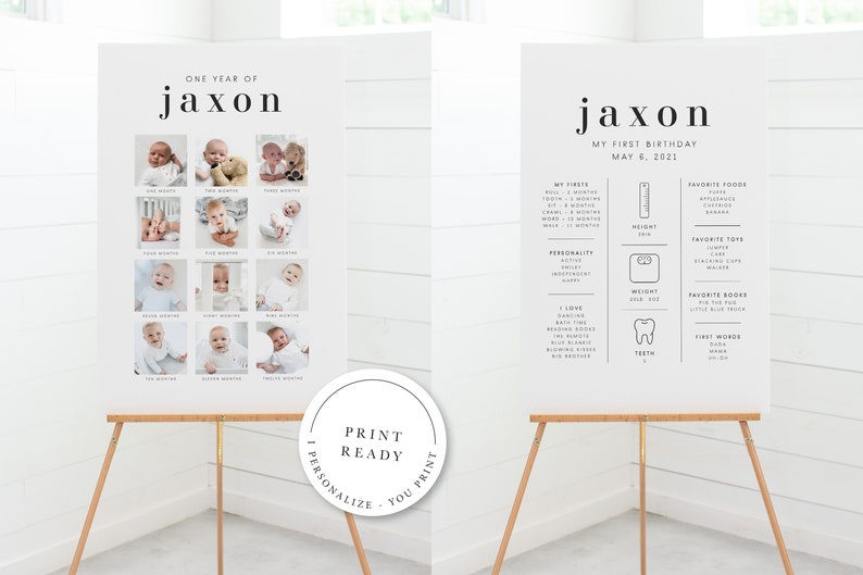 Op de afbeelding: Een wit posterbord met een fotocollage van het eerste jaar van een babyjongen. Het posterbord staat op een houten ezel. Het posterbord bevat ook een lijst met de mijlpalen van de baby, zoals zijn eerste tand, zijn eerste woord en zijn favoriete eten. De tekst op het posterbord luidt "One Year of Jaxon" en "My First Birthday May 8, 2021".