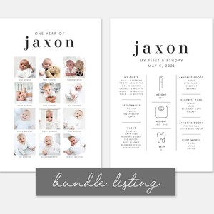 Op de afbeelding: Een zwart-witte, afdrukbare mijlpaalposter voor de eerste verjaardag van een babyjongen genaamd Jaxon. De poster bevat een raster met foto's van de baby op verschillende leeftijden, samen met een lijst met mijlpalen, favoriete voedingsmiddelen, speelgoed, boeken en eerste woorden.