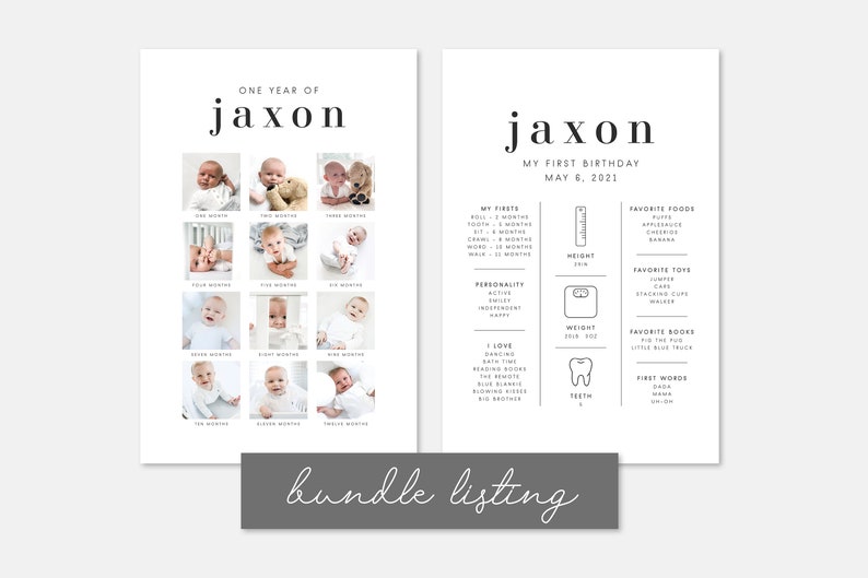 Op de afbeelding: Een zwart-witte, afdrukbare mijlpaalposter voor de eerste verjaardag van een babyjongen genaamd Jaxon. De poster bevat een raster met foto's van de baby op verschillende leeftijden, samen met een lijst met mijlpalen, favoriete voedingsmiddelen, speelgoed, boeken en eerste woorden.