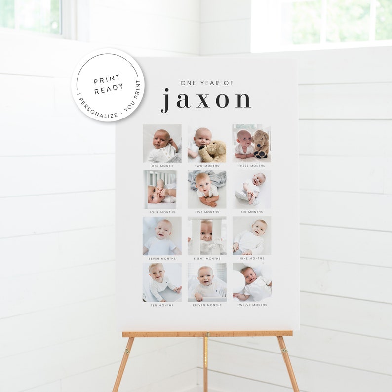 White vertical poster with text ‘one year of’ and the child’s name written at the top and 12 photos of the child below it. Each photo is labeled with the corrisponding month of the child’s first year of life from one month to twelve months.