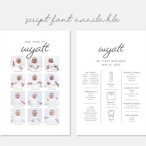 Op de afbeelding: Een zwart-witte, afdrukbare eerste verjaardagposter voor een baby genaamd Wyatt. De poster bevat een collage met foto's van de baby op verschillende leeftijden, een lijst met mijlpalen en een sectie voor favoriete eten, speelgoed en boeken.
