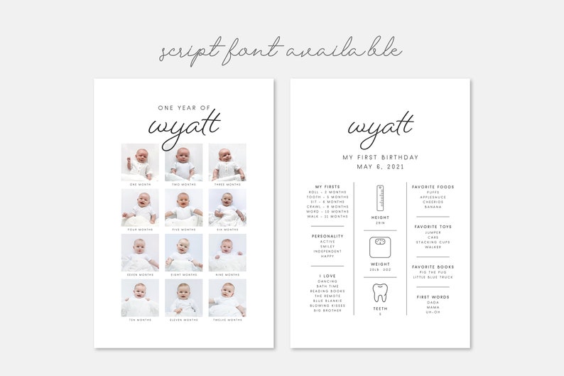 Op de afbeelding: Een zwart-witte, afdrukbare eerste verjaardagposter voor een baby genaamd Wyatt. De poster bevat een collage met foto's van de baby op verschillende leeftijden, een lijst met mijlpalen en een sectie voor favoriete eten, speelgoed en boeken.