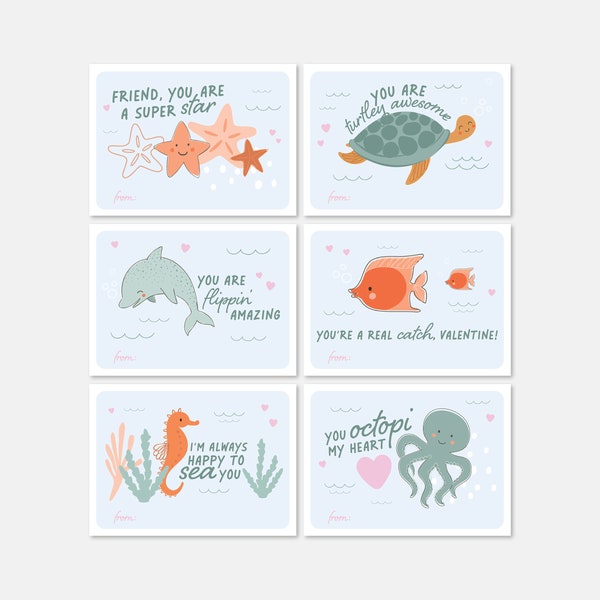 Ocean Animal Valentines, Kids Classroom Valentines, Fish Valentine Cards