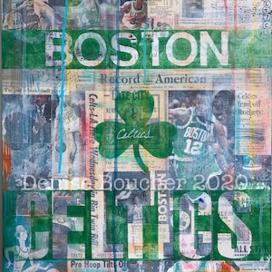 Boston Celtics - Mixed Media Art | Celtics Art | Basketball Fan | Gift for Him | Collage | Game Room Decor | Boston | Shamrock | Hoop | Ball