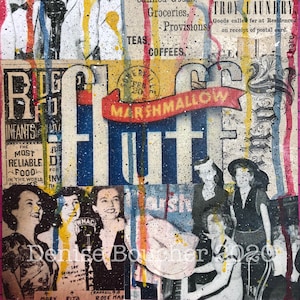 May include: A colorful collage featuring a vintage newspaper clipping with the text "MERVILLE JOURNAL MAY 13, STURTEVANT BR", a red banner with the text "MARSHMALLOW", and a blue and white sign with the text "HUT". The collage is painted with splashes of yellow, blue, red, and white paint.