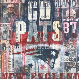 May include: A collage of images and text celebrating the New England Patriots. The collage features the team's logo, player names, and the words "New England Patriots".
