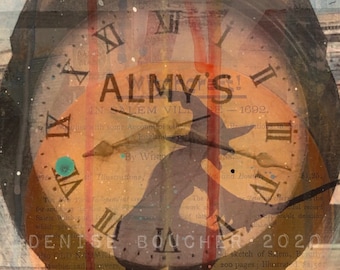 Almy’s Clock - Salem MA | Witch City | Witch on Broom | Time Flies | Iconic Clock | Historic Landmark |  Mixed Media | Collage | Wall Art |