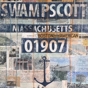 Swampscott 01907 - Art Print | Fisherman’s Beach| Housewarming Gift | Zip Code Art | Mixed Media Art | New England Beaches | Anchor |