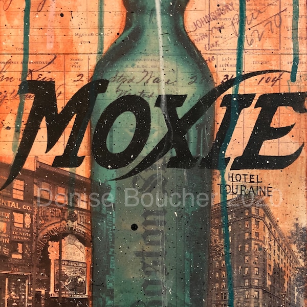 Moxie ~ Art Print | Boston Mass | Mixed Media | Collage Art | Antique Bottle | Vintage Wall Art | Retro Art Gift | Home Decor | East Coast