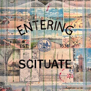 May include: A collage of vintage postcards featuring images of a beach town, a lighthouse, and a map. The text "ENTERING EST 1636 SITUATE" is superimposed on the collage.