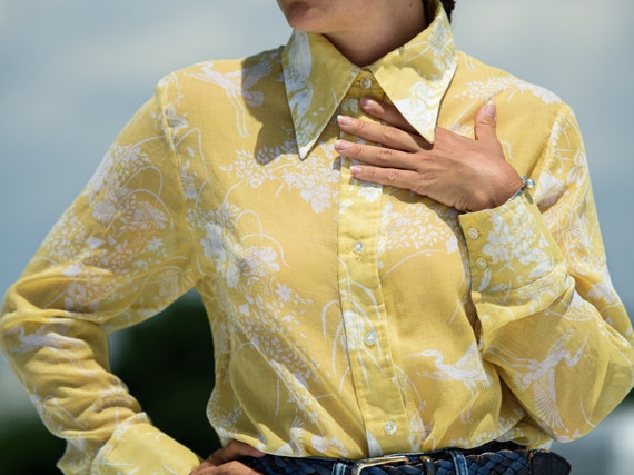 butter yellow semi sheer floral and crane print bl