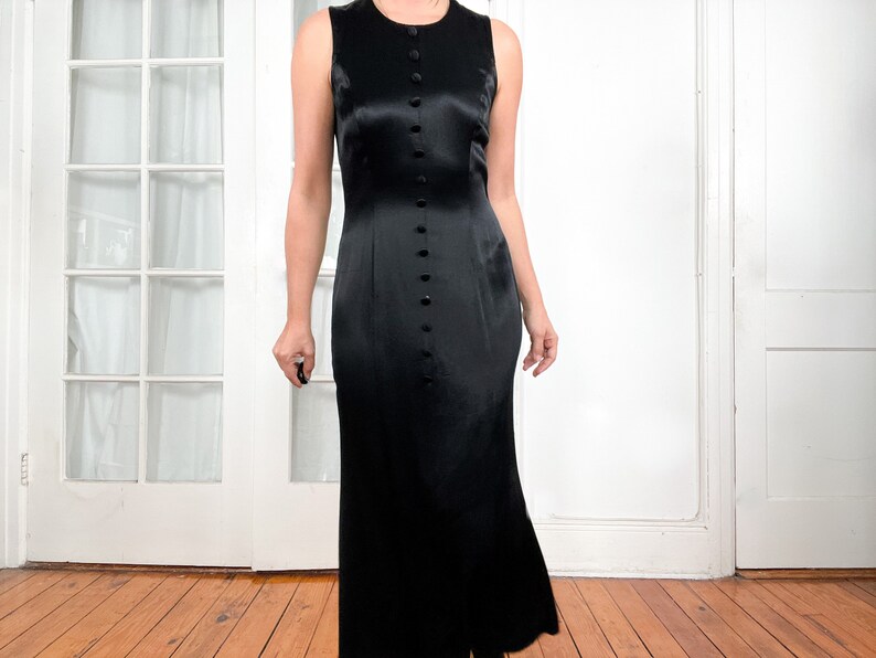 Black Satin A line Dress with Gold Button Detail main image 1