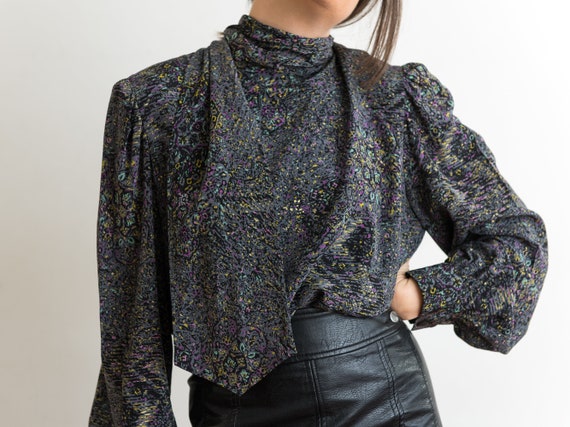 micro painterly floral grey silk blouse